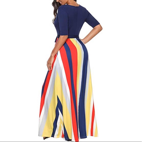 striped v neck half sleeve maxi dress